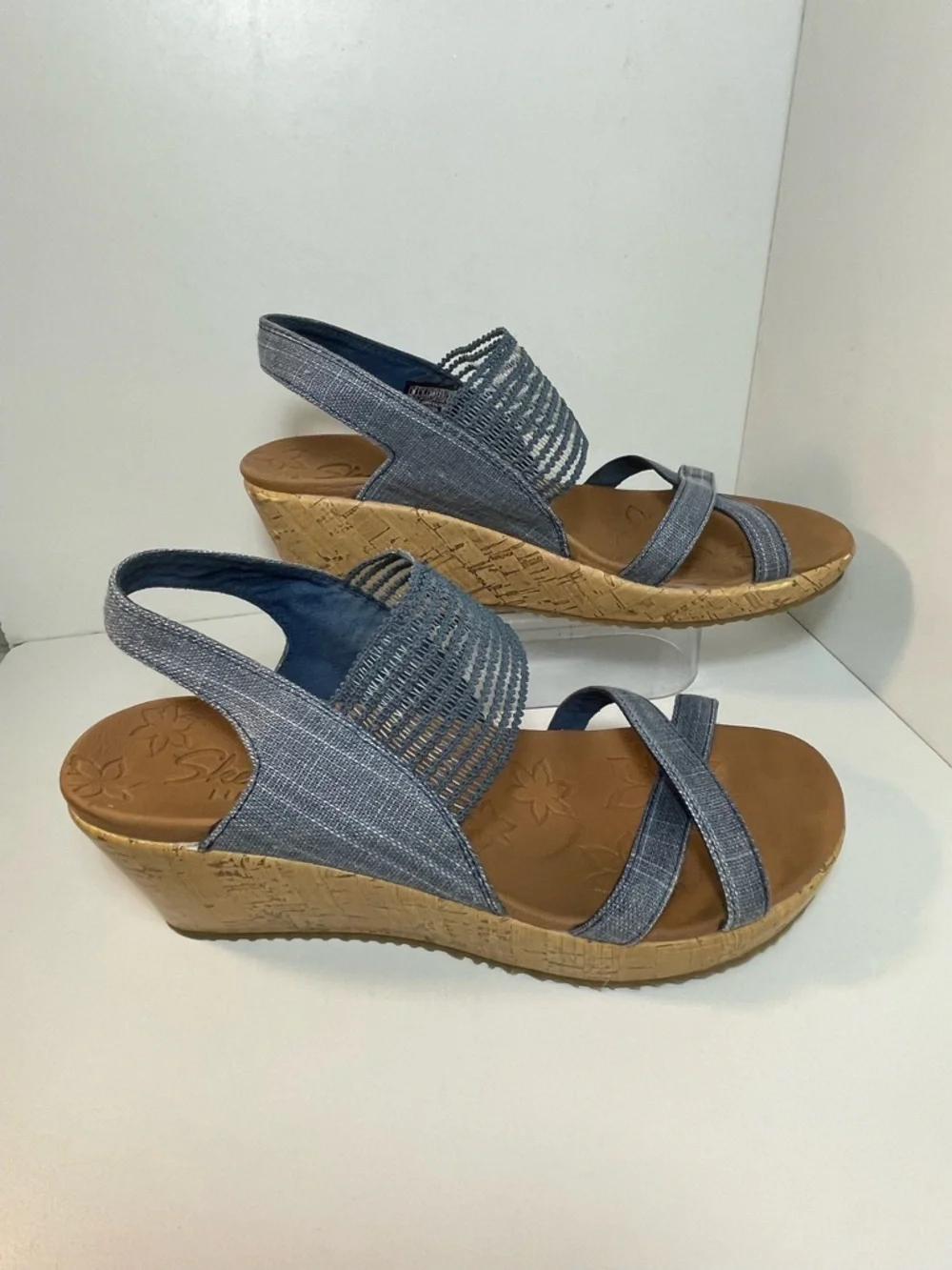 Skechers Cali Luxe Foam Blue Navy Elastic S Sandals Faux Cork Wedge Size 8 GUC